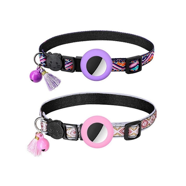 2 STK. Kattehalsbånd med Airtag Holder Justerbart Kattehalsbånd Pink og Lilla Pink Purple