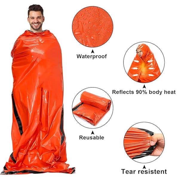 4-pack vattentäta termiska nödsovsäckar för utomhusbruk, camping, överlevnad, bivacksäck, orange