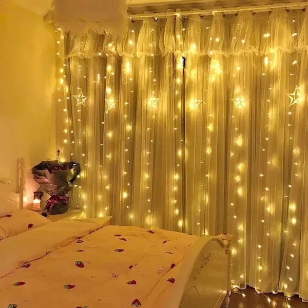 Jouluinen USB LED-verho valosarja Festoon LED-valot Joulukoristeet Juhla Häät Koristeellinen valoverho Warm white light 3x2m