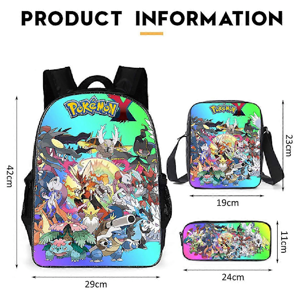 3-pack Pokémon Skolväska Pikachu Ryggsäck Polyester Bekväm Lätt Barnväska