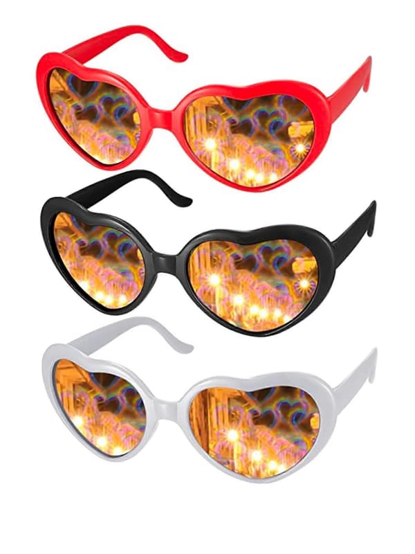 3-pak hjerteeffekt diffraktionsbriller, hjerte specialeffektbriller, 3D hjerte lys solbriller