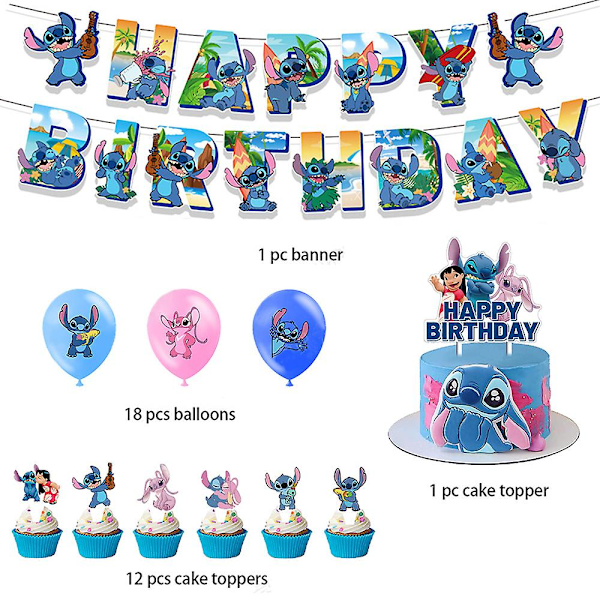 Stitch & Lilo -juhlatarvikkeet, koristeet, ilmapallot, kakun päällekkäiset, bannerit, setit