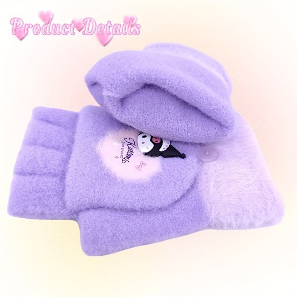 1 Par Sanrio Hellokitty Kuromi Melody Vinterstickade Halvfingerhandskar Utomhus Kyla Skydd Och Värme Söta Handskar Lämpliga Purple