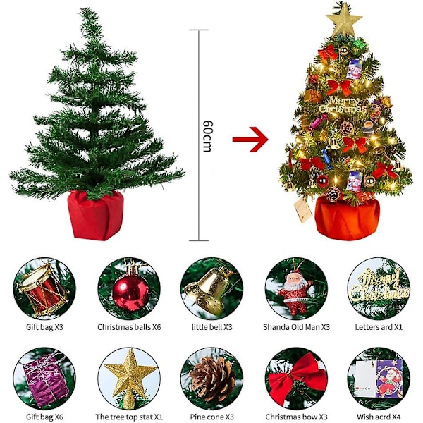 Julgran 60 cm, konstgjord julgran, mini julgran med upplyst girlang och dekorationer