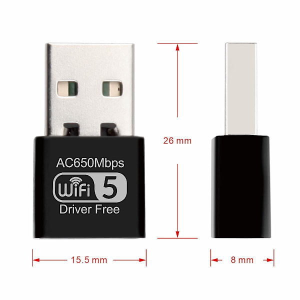 650 Mbps USB WiFi-adapter 5 GHz og 2,4 GHz Dual-Band USB Lan Ethernet-adapter 802.11AC Trådløst nettverkskort Wi-Fi Dongle-mottaker for PC Stasjonær Laptop