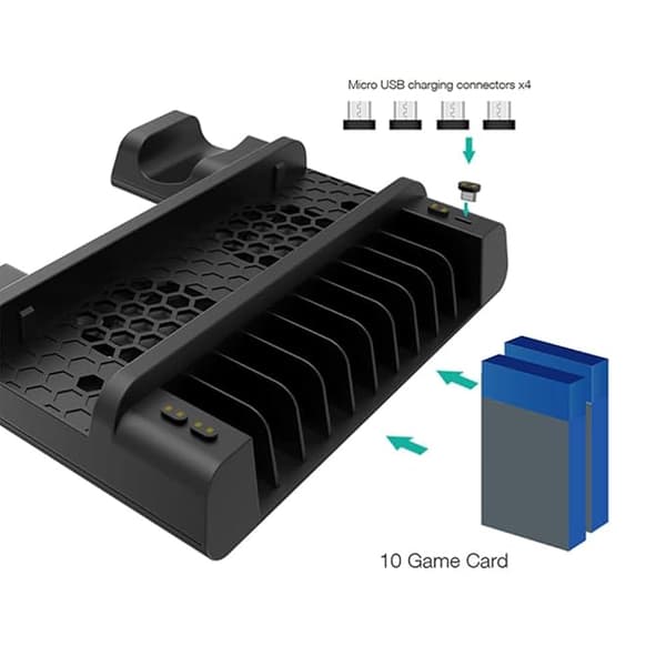 PS4-stander med køleventilator til PS4/PS4 Slim/PS4 Pro, Playstation 4-kølestation med PS4-controlleroplader og 12 spilpladser