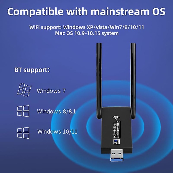 1300M Dual-Band USB 3.0 WiFi -sovitin Bluetooth 5.0 Dongle Vastaanotin Lähetin 2.4GHz/5GHz 802.11b/n/g/ac Langaton Verkkokortti PC/Kannettavalle