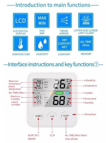 Multifunktionelt indendørs termometer og hygrometer - hvid