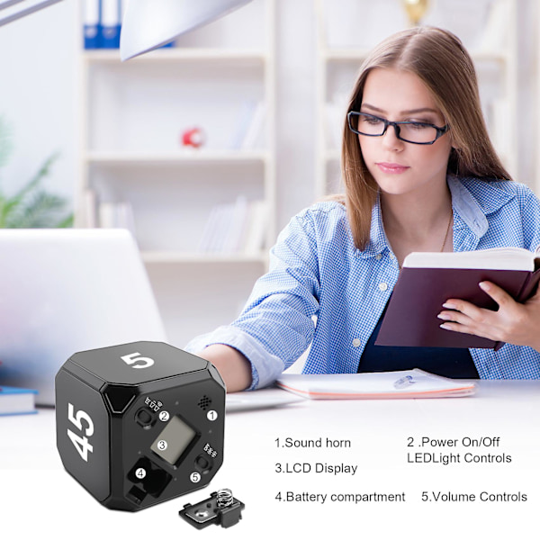 Cube-Timer Kjøkken Timer Sensor Flip Meditasjon Timer Management og Nedtelling 5-15-25-45 Min Black
