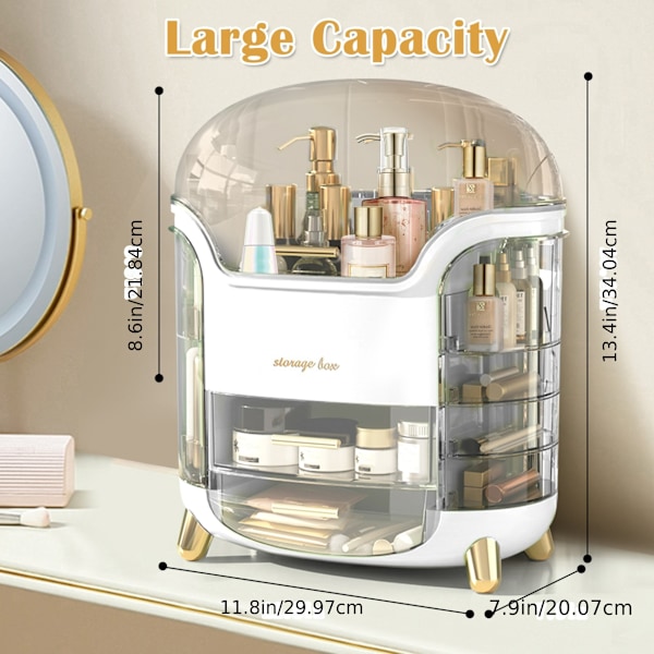 Luksuriøs Makeup Organizer - Vandafvisende, Støvfri, Stor Kapacitet Vanity Opbevaring med Låg til Badeværelsesbordplade, Soveværelse, Kommode White
