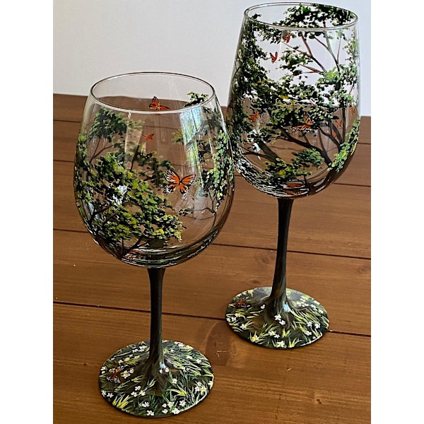 Fyra Säsonger Träd Vinglas - Vår, Sommar, Vinter, Höst - Set med Fyra Handmålade Unika Glas - Perfekt Bröllop, Jubileum, Födelsedag eller Inflyttningspresent Four seasons