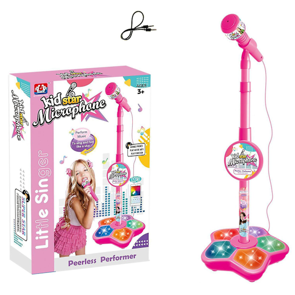 Elektrisk mikrofon for barn, justerbart stativ, karaokemaskin med lys, jenter og gutter Pink