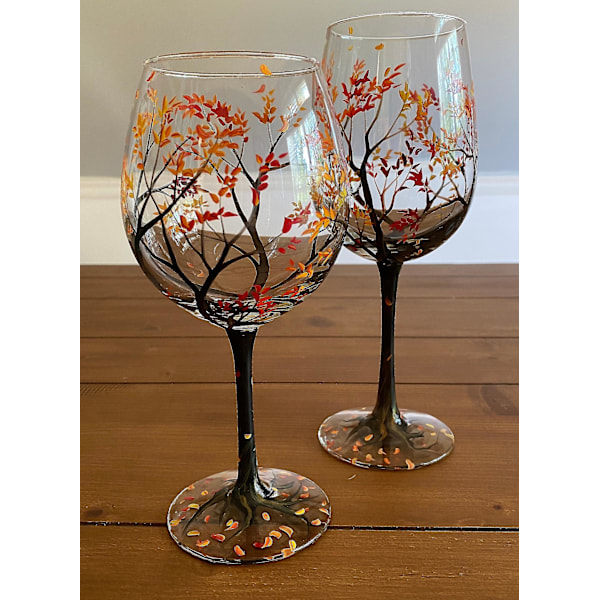 Fyra Säsonger Träd Vinglas - Vår, Sommar, Vinter, Höst - Set med Fyra Handmålade Unika Glas - Perfekt Bröllop, Jubileum, Födelsedag eller Inflyttningspresent Four seasons