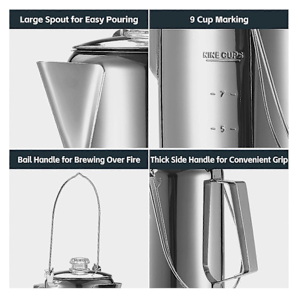 1.2l Utendørs 9 Kopp Rustfritt Stål Percolator Kaffekanne Kaffemaskin For Camping Hjem Kjøkken