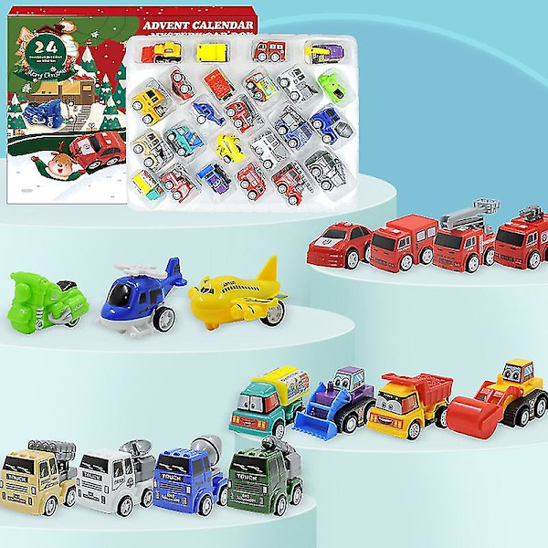 Julkalender, Adventskalender för Barn med 24 Dagar Nedräkning Pull Back Bilar Leksak Jul Nedräkningskalender Blind Box Present till Barn Pojke