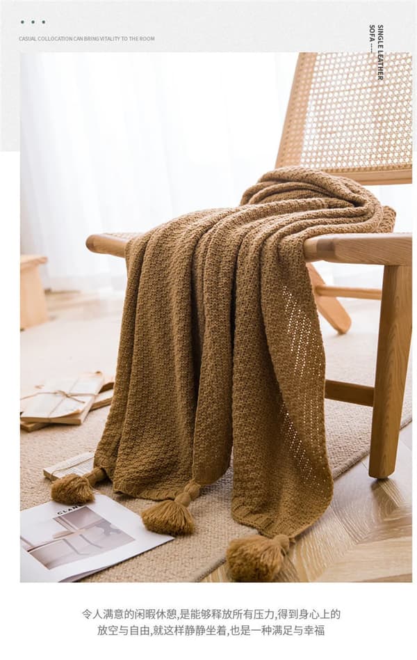 Nordisk seng- og sofateppe, tykt strikket, frynsete sengeteppe, ensfarget bakside, preget Camel 110x150cm