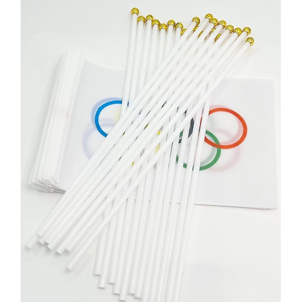 Populärt 25-pack OS-flagga Liten Mini OS-ringar Handhållen Stick Flagga Banner Utomhus Gård Dekoration Gåva