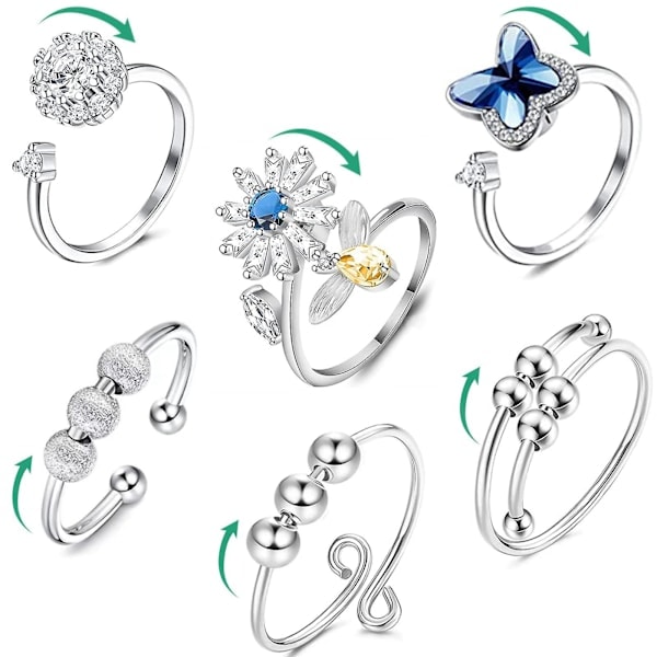 6 stk. Fidget-ringer for angstlindring, justerbart ringsett, justerbare ringer, fidget-ringer, perlearmbånd for kvinner 6pcs
