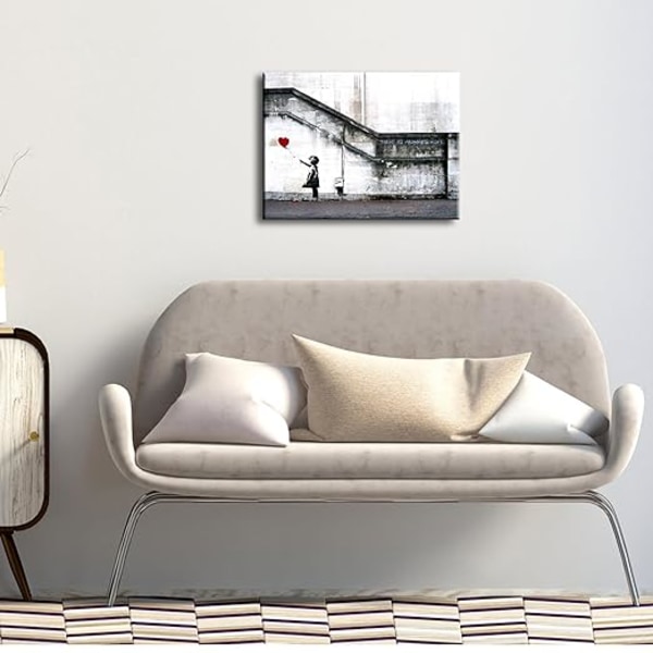 Wieco Art Canvastavla Banksy Graffiti Väggkonst \"Flicka med Röd Ballong\" Vardagsrum Sovrum Heminredning Målning (Oramad)