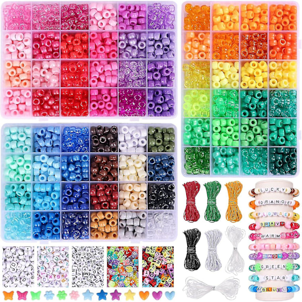 2350 stk, 64 Farger, Ponyperler til Armbånd og Halskjedelaging, Regnbue Håndverkperler og Elastiske Snører Sett, Bokstavperler Sett for Jenter 72 colors