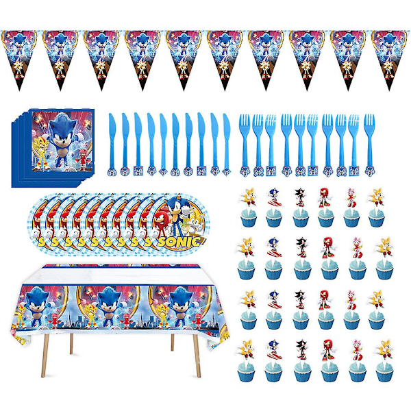 Sonic Bursdagsfestutstyr Tegneseriefestdekorasjoner Inkluderer Banner, Dug, Servietter, Bestikksett, Tallerkener, Cupcakespyd