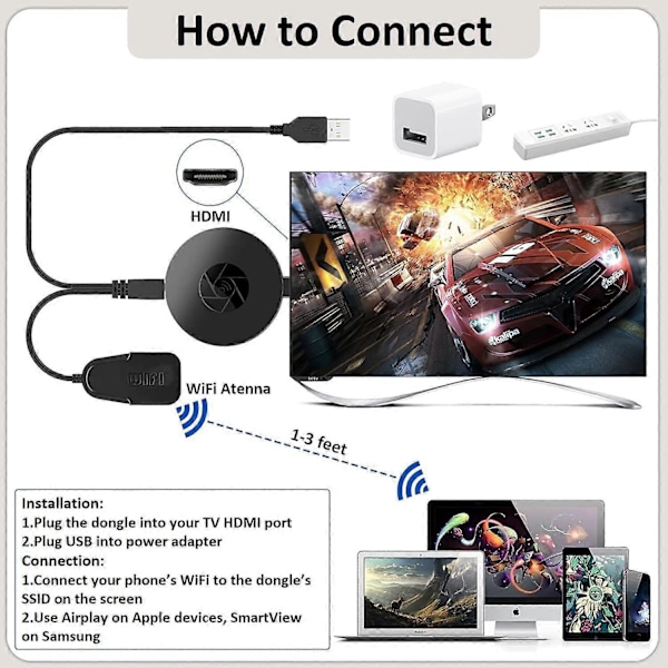 Trådlös HDMI-skärmdongeladapter, Plug and Play 1080P 4K WiFi Trådlös skärmdongeladapter, Strömma video och ljud till TV/projektor/skärm från surfplatta