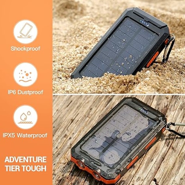 Solcellelader 20000mAh Solcelle Powerbank Vanntett Bærbar Lader med Dobbel 5V USB-Port/LED Orange