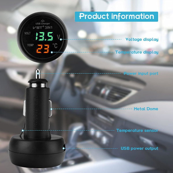 Auton jännitteenmittari, 3 in 1 USB 5V 2A pikalataus, auton digitaalinen jännitteenmittari, lämpömittaripistorasia, 12-24V auton bussikuorma-autoon matkapuhelimen lataukseen