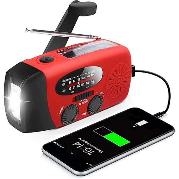 Nødradio med håndsveiv, manuell strømforsyning, solcelle radio med LED-lommelykt og 2000mAh powerbank