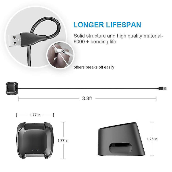 Latausjohto Fitbit Versa 2:lle (ei Versa/Versa Litelle), USB-latauskaapeli teline Versa 2 terveys- ja kuntokellolle