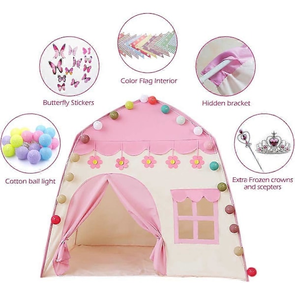 Lasten leikkiteltta tytöille Prinsessaleikkiteltta Sisätiloissa Lastenhuone Ulkona Turvallinen Myrkytön Puuvillapallovaloilla Frozen Prinsessakruunu Taikasauva Pink 130x130x100cm