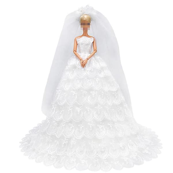 2 st 30cm Barbie Kläder Docka Lyx Mode Nio Lager Bröllopsklänning (Vit+Rosa)