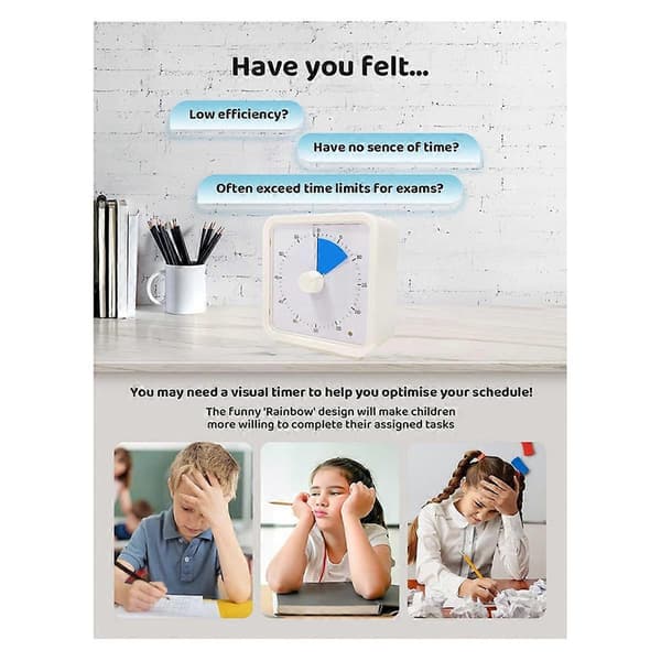 60-minutters visuell timer for barn, timer med stille drift, gul