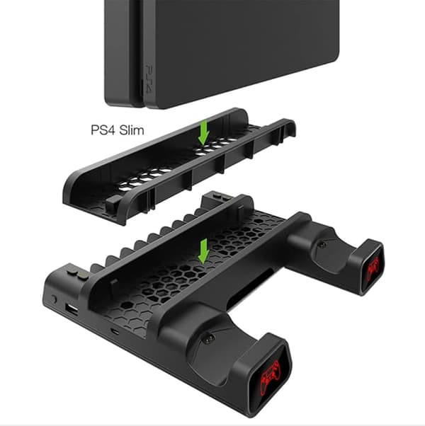 PS4-stander med køleventilator til PS4/PS4 Slim/PS4 Pro, Playstation 4-kølestation med PS4-controlleroplader og 12 spilpladser