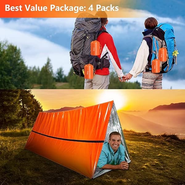 4-pack vattentäta termiska nödsovsäckar för utomhusbruk, camping, överlevnad, bivacksäck, orange