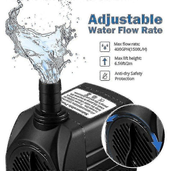 1500l/h Uppotettava Vedenpumppu, 25w Ultra Hiljainen Akvaariopumppu 48hs Kuivakäyttösuojalla, Suihkulähdepumppu 5ft Virtajohdolla Ja 2 Suuttimella, Vedenpumppu A:lle