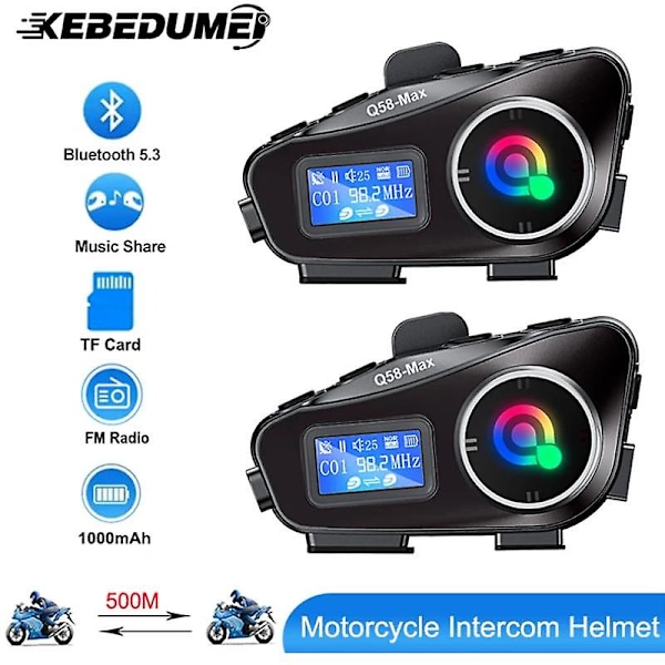 Motorsykkel Intercom Hjelm Headset BT5.3 500M intercomunicador Moto FM Radio Music Share LCD-skjerm Hodetelefoner For 2 Førere