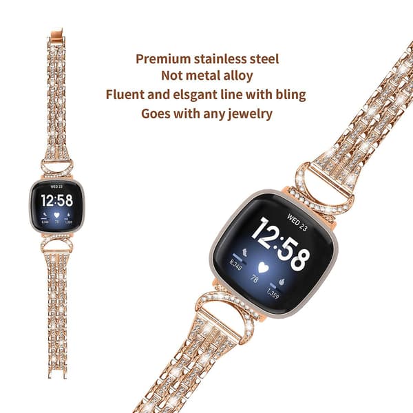Til Fitbit Versa 4 Bling Rhinestone Dekor Band 5-Perle Rustfrit Stål Urrem Armbånd Rose Gold