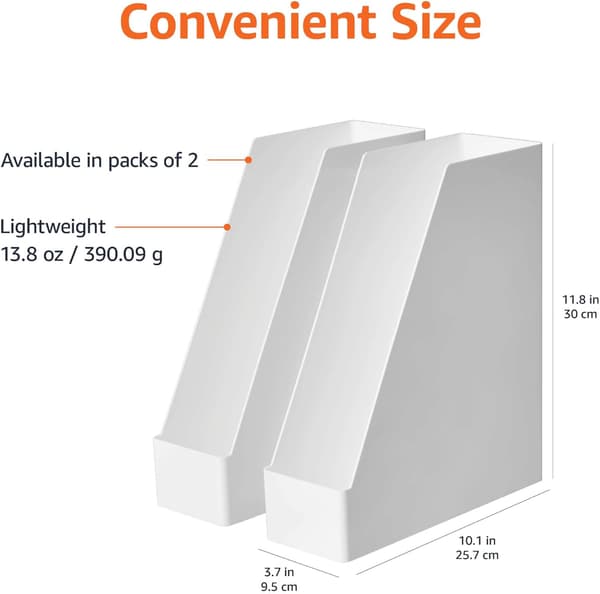 Rectangular Plastic Magazine Holder - Organizer, White, 2-Pack White