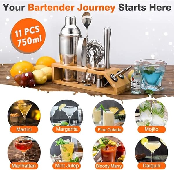 Cocktail-sæt med bambusstativ, professionelt sæt, 750 ml