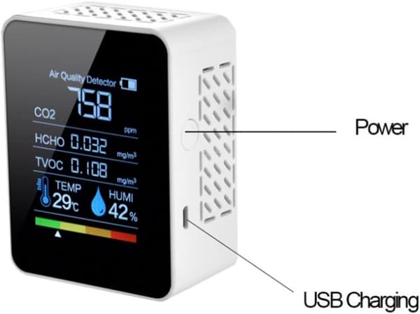 Indoor Air Quality Meter with CO2 Detection, Compact Digital Device with 5 Sensors
