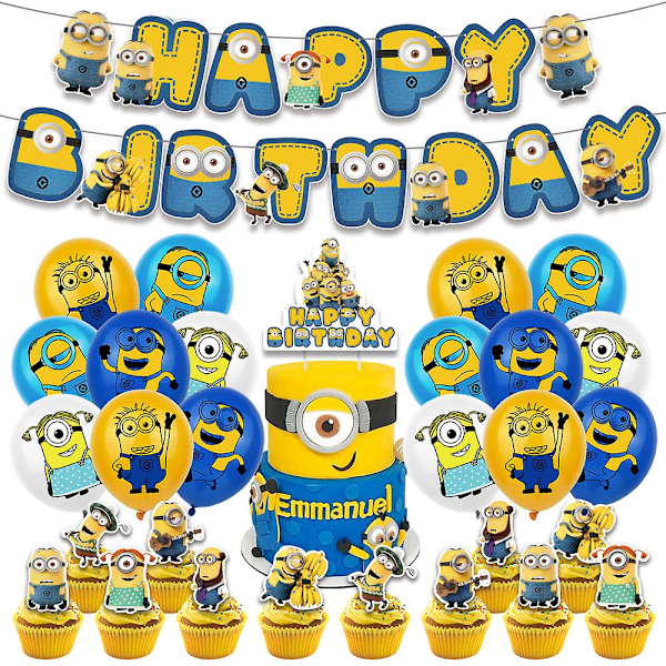 Barnkalas Dekorationssats med Minions Tema - 30 st Grattis På Födelsedagen Banner Tårta Topper Cupcake Topper Ballonger Kit