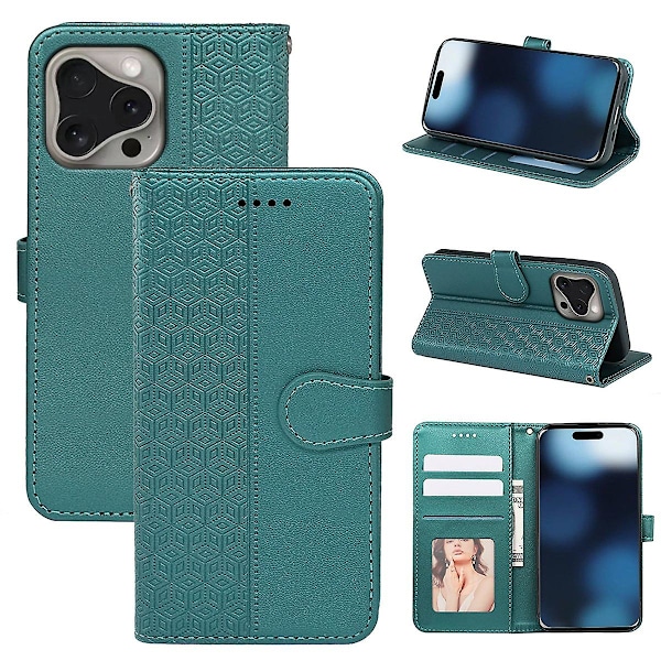 Til iPhone 16 Pro Cover Kubisk Gitter Flip Wallet Læder Telefon Cover