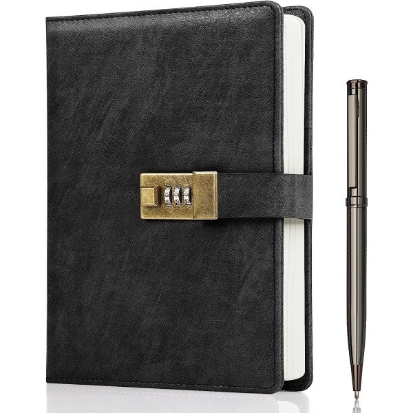 Dagbok med lås, A5 PU-läderjournal med lås 240 sidor, Vintage låsdagbok lösenordsskyddad anteckningsbok med penna och presentförpackning, 21,8 x 14,7 cm