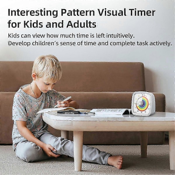 60-minuters visuell timer med nattlampa, nedräkningstimer, Pomodoro-timer med regnbågsmönster för barn och vuxna vit