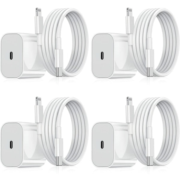4 stk iPhone hurtiglader USB-C 20W strømadapter med kabel