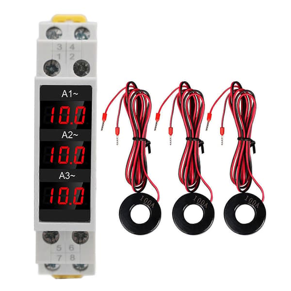 3-Phase DIN Rail Ammeter LED Digital Display High Precision Ammeter with 3 Sensors AC80-500V 1-100A