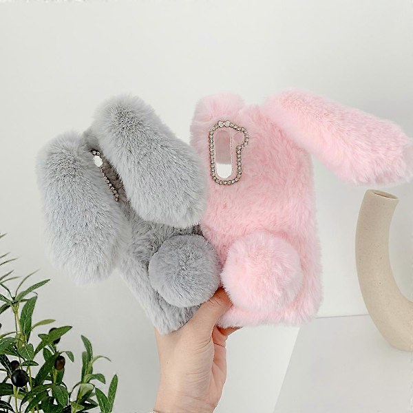 Kaninformet Fluffy Fur Belagt TPU Telefondeksel Skall for Samsung Galaxy S21 5G/4G Pink
