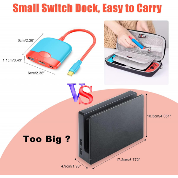 Portabel Switch-docka med HDMI-adapter (röd och blå), resedocka 3-i-1 Switch-dockningsstation Switch USB C till HDMI
