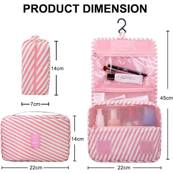 Hängande Toalettsakväska för Resor, Bärbar Toalettsakväska för Kvinnor, Stor Kapacitet Kosmetikväska Perfekt för Daglig Resa (Rosa Ränder)
